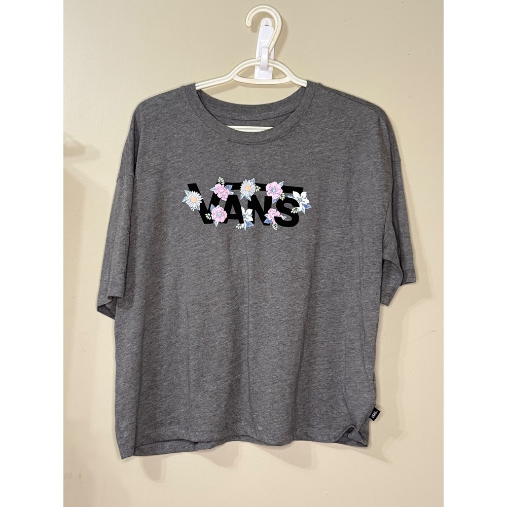 Vans Floral Logo Graphic T-Shirt Gray Boxy Short Sleeve Tee Medium #Skater